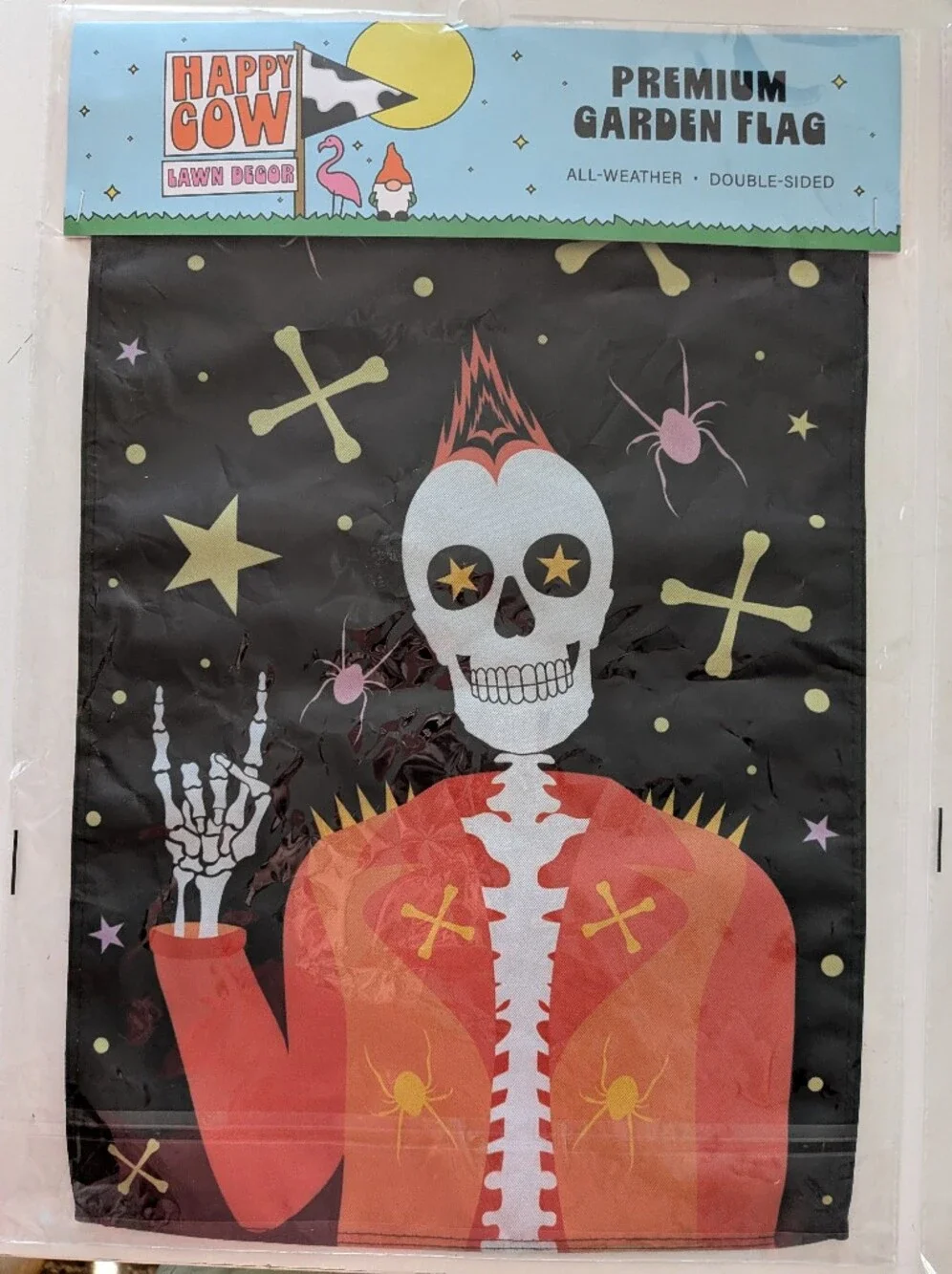 Happy Cow Halloween Garden Flag Set 2 Skeleton Peace Sign Have the Day You Deser